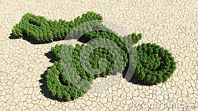 Group of green forest tree on dry ground background, sign of a stuntman on a motorcycle. Cartoon Illustration