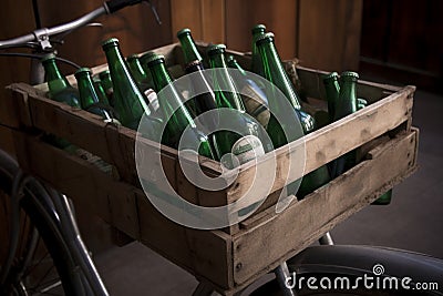 a group of green glass bottles sitting next to each other in the wooden bascet of an old bicycle. Recycling concept Stock Photo
