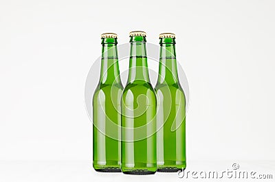 Group green longneck beer bottles 330ml, mock up. Stock Photo