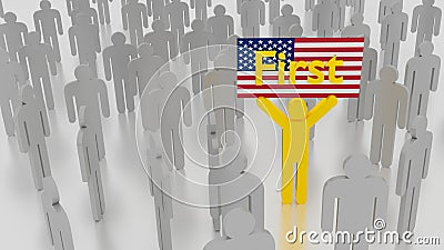 Group of grey people with one man holding us flag Cartoon Illustration