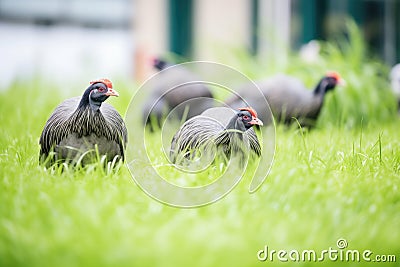 group of guinea fowls pecking on grass Stock Photo