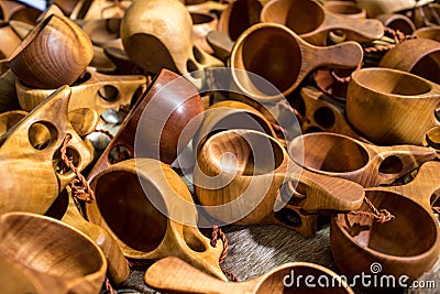 A Group Of Guksi Or Kuksa Drinking Cups Hand Crafted From Carved Stock Photo