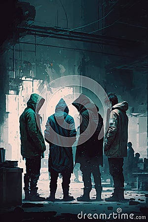 group of hackers gathered around a computer, deep in conversation digital art poster AI generation Stock Photo