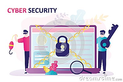 Group of hackers near laptop. Masked cybercriminal want steal personal data and passwords. Personal account is well protected, Vector Illustration