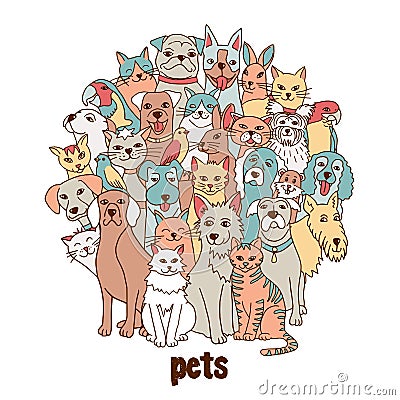 Group of hand drawn pets Vector Illustration