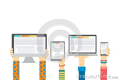 Group Hands Holding Smart Cell Phone Tablet Laptop Computer Monitor, Technology Concept Vector Illustration