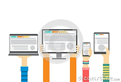 Group Hands Holding Smart Cell Phone Tablet Laptop Computer Monitor, Technology Concept Vector Illustration