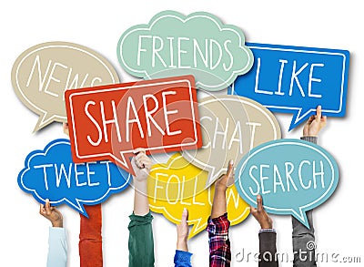 Group of Hands Holding Speech Bubble with Social Issue Concepts Stock Photo