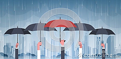 Group Of Hands Holding Umbrellas Over Storm In City Huge Rain Background Hurricane Tornado In Town Natural Disaster Vector Illustration