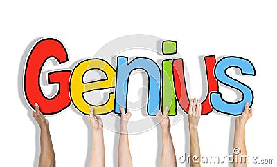 Group of Hands Holding Word Genius Stock Photo