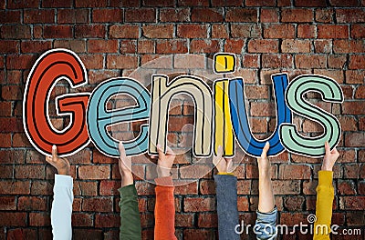 Group of Hands Holding Word Genius Concept Stock Photo