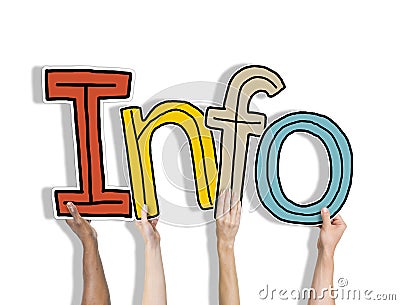 Group of Hands Holding Word Info Stock Photo