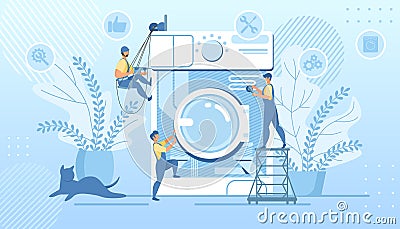 Group Handymen Fixing Huge Broken Washing Machine Vector Illustration