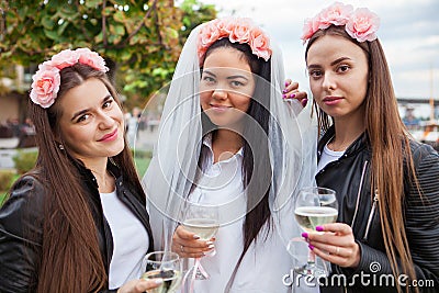 Group happines women with champagne at hen party Stock Photo