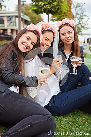 Group happines women with champagne at hen party Stock Photo