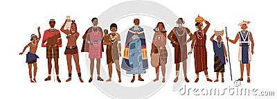 Group of happy aboriginal or indigenous people of Africa dressed in ethnic clothes isolated on white background. Men Vector Illustration