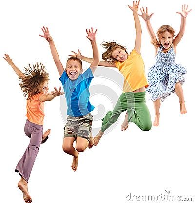 Group of happy barefeet cheerful sportive children jumping and dancing Stock Photo