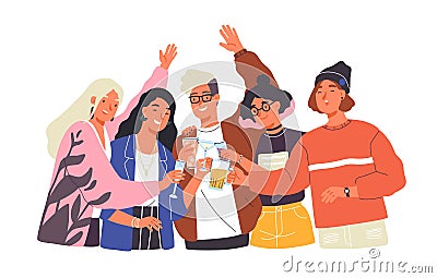 Group of happy boys and girls clinking glasses and drinking alcohol at celebratory party. Portrait of cute joyful Vector Illustration