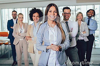 Happy business people and company staff in modern office, representig company.Selective focus Stock Photo