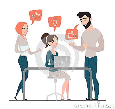 Group of happy business people. Project discussion. Cartoon style. Teamwork. Flat Vector Illustration