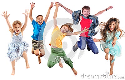 Group of happy cheerful sportive children jumping and dancing Stock Photo