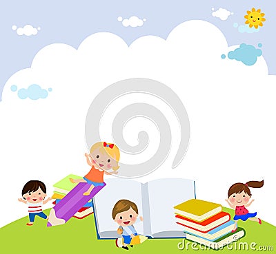 Group of happy children and books Vector Illustration