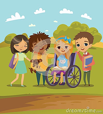 A Group of Happy Children with books and pet learning and playing together. Handicapped Kid in a wheelchair. School Scene Outdoors Vector Illustration
