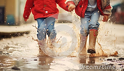 group of happy children enjoying summer rain in red boots, splashing and jumping in puddles Stock Photo