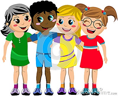 Group Happy Children Kid Hug Friends Isolated Vector Illustration