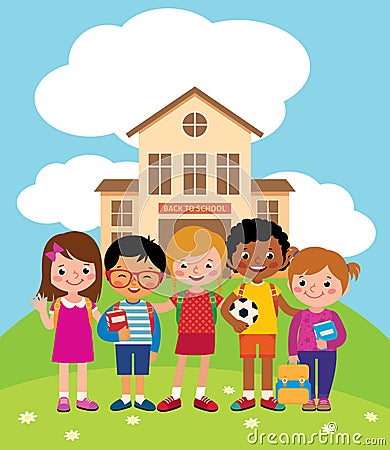 Group of happy children standing in front of the school building Vector Illustration