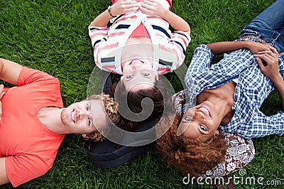 Group of happy college students in grass Stock Photo