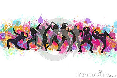 Group happy dancing people dancers background. Smiling young women enjoying party. Colorful illustration silhouettes of expressive Cartoon Illustration