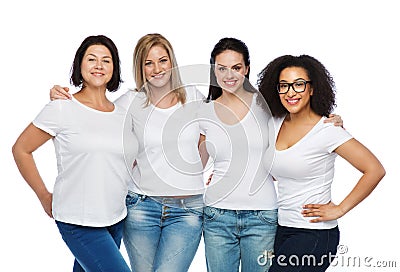 Group of happy different women in white t-shirts Stock Photo