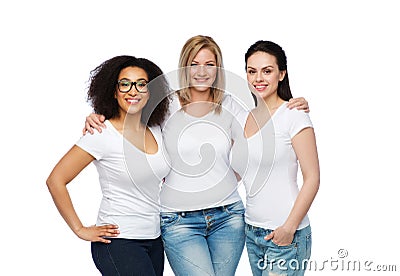 Group of happy different women in white t-shirts Stock Photo