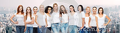 Group of happy different women in white t-shirts Stock Photo