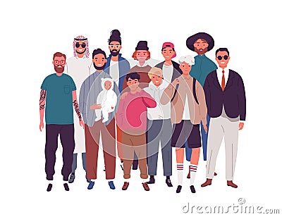 Group of happy diverse man, teenager and boy standing together vector flat illustration. Crowd of multinational male Vector Illustration