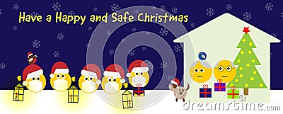 Group of happy emojis in Christmas hats and face masks with dog and birds social distance visiting seniors at home Stock Photo