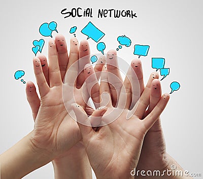 Group of happy finger smileys with social chat sig Stock Photo