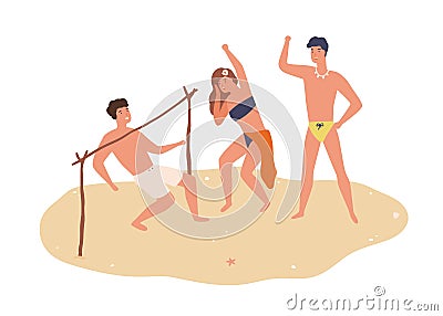 Group of happy friends dancing limbo on sand vector flat illustration. Smiling man and woman in swimsuits pass under bar Vector Illustration