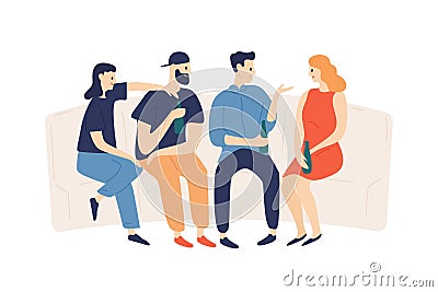 Group of happy friends drinking beer at party vector flat illustration. Smiling boys and girls talking together isolated Vector Illustration