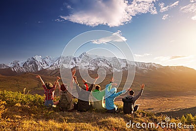 Group happy friends having fun mountain top Stock Photo