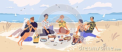 Group of happy friends at picnic on seashore. Young smiling men and women eating food on sandy beach. Cute funny people Vector Illustration