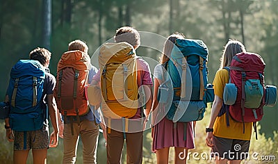 Group of happy friends stands at sunset forest and enjoys sunset. Generative AI Stock Photo