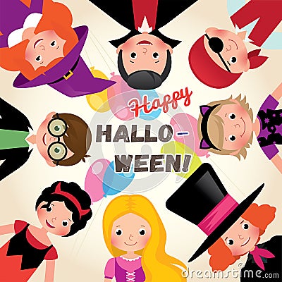 Group of happy funny children in a festive Halloween party Vector Illustration