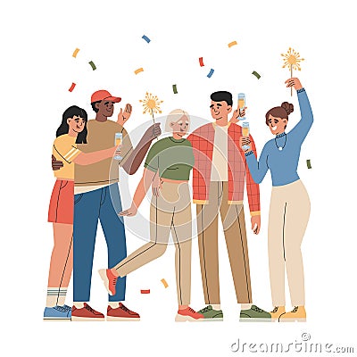 Group of happy guys and girls celebrating holiday with sparklers, confetti and drinks Vector Illustration