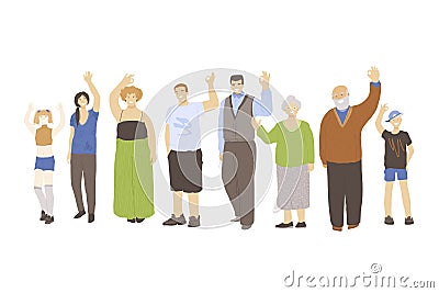 Group of happy joyfull different generation people, waving hands and showing OK sign. Kids, young man and woman, old Vector Illustration