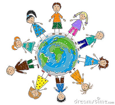 Group of happy kids around planet earth, hand drawn style. Color painted preschool children. Childhood and friendship. Vector Vector Illustration