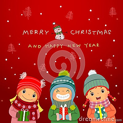 Group of happy kids with Christmas gifts and winter background. Vector Illustration