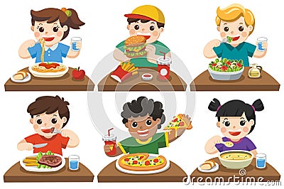 Group of Happy Kids eating delicious food. Vector Illustration