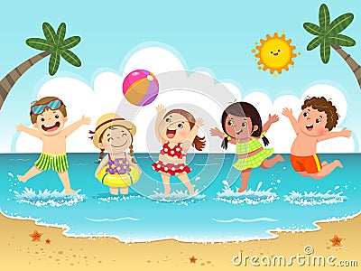 Group of happy kids having fun and splashing on the beach Vector Illustration